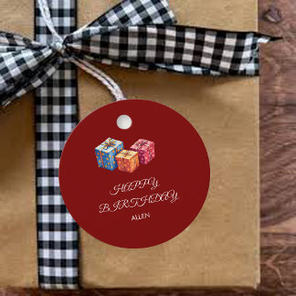 Personalized Red & White "Happy Birthday"Round Favor Tags