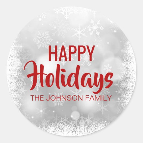 Personalized RED White HAPPY HOLIDAYS Snowflakes Classic Round Sticker