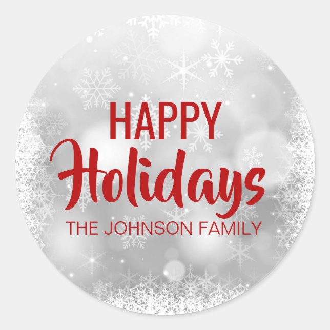 Personalized RED White HAPPY HOLIDAYS Snowflakes Classic Round Sticker (Front)