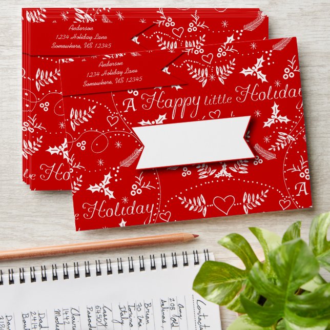 Personalized Red white Holly Happy little Holiday Envelope (Stacked)