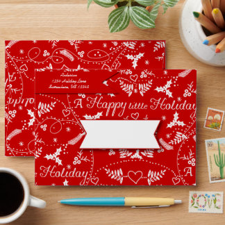 Personalized Red white Holly Happy little Holiday Envelope