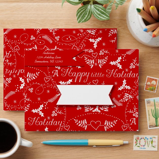 Personalized Red white Holly Happy little Holiday Envelope (Desk)