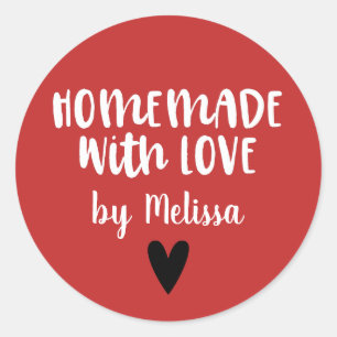 Personalized Red White Homemade With Love Classic Round Sticker