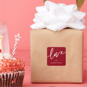 Personalized Red + White 'Love' Script Font Square Sticker