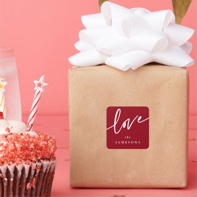 Personalized Red + White 'Love' Script Font Square Sticker (Party)