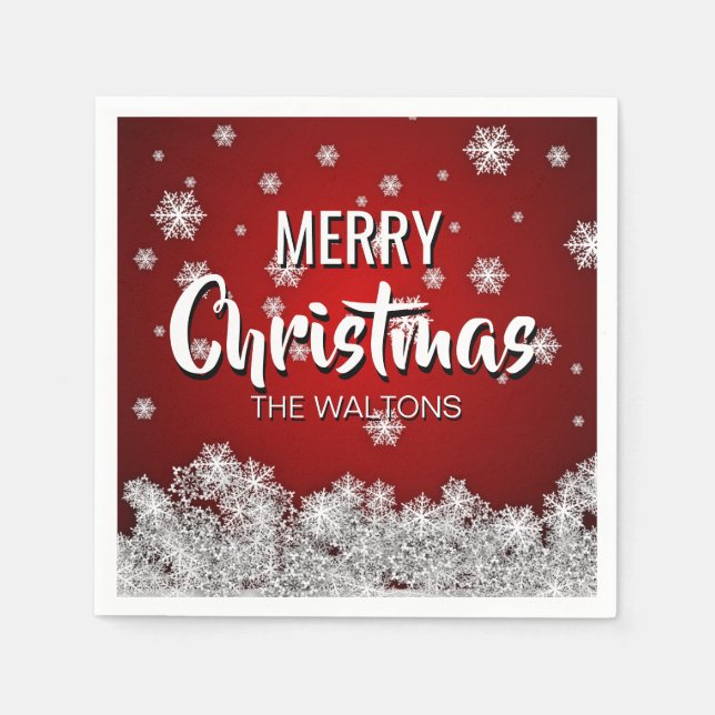 Personalized RED White MERRY CHRISTMAS Snowflakes Paper Napkins (Front)