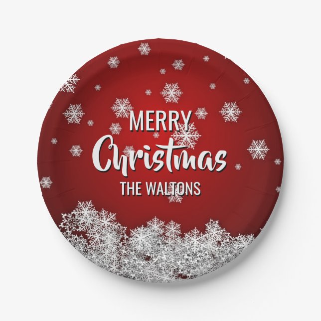Personalized RED White MERRY CHRISTMAS Snowflakes Paper Plates (Front)