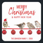 Personalized RED White MERRY CHRISTMAS Sparrows Square Sticker<br><div class="desc">Add these lovely & personalized RED white Christmas holiday and happy new year stickers to your greeting cards,  envelopes or gifts.  Christmas ornaments in red white with sparrows birds and santa hat. Editable text - color,  font and size.</div>