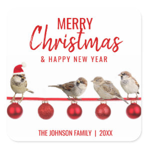 Personalized RED White MERRY CHRISTMAS Sparrows Square Sticker