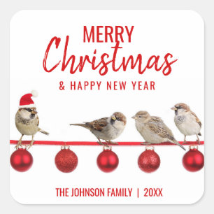 Personalized RED White MERRY CHRISTMAS Sparrows Square Sticker
