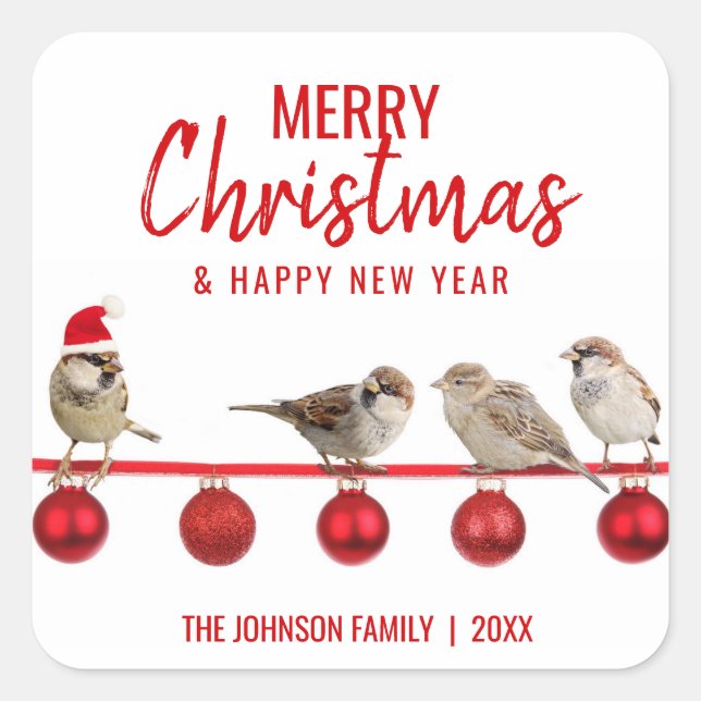Personalized RED White MERRY CHRISTMAS Sparrows Square Sticker (Front)