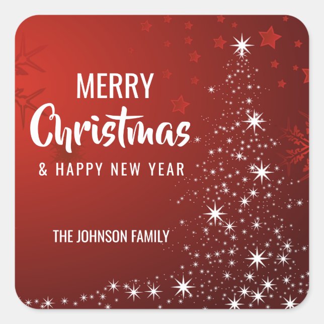 Personalized RED White MERRY CHRISTMAS Tree Lights Square Sticker (Front)