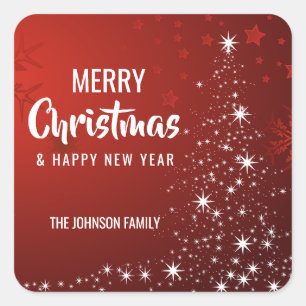 Personalized RED White MERRY CHRISTMAS Tree Lights Square Sticker