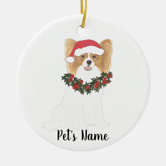 Personalized Red & White Papillon Christmas Ceramic Ornament (Front)
