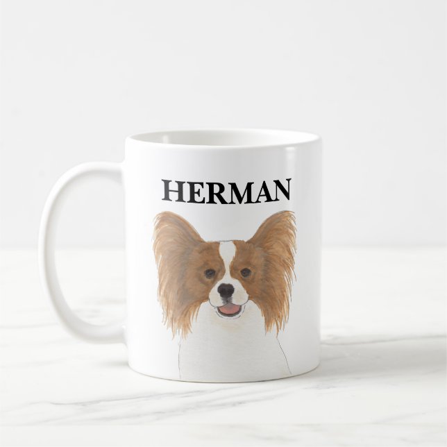 Personalized Red & White Papillon Dog Coffee Mug (Left)