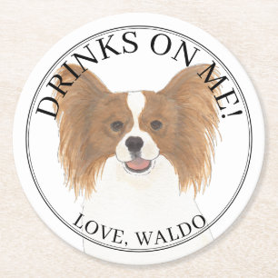 Personalized Red & White Papillon Dog Wedding Round Paper Coaster