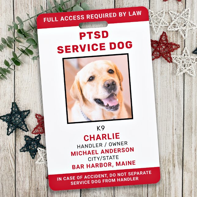 Personalized Red White PTSD Service Dog Photo ID Badge (Creator Uploaded)
