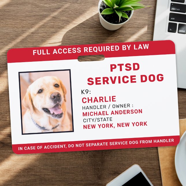 Personalized Red White PTSD Service Dog Photo ID Badge (Creator Uploaded)