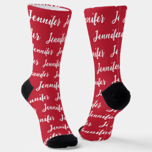 Personalized Red White Script Name Womens Socks