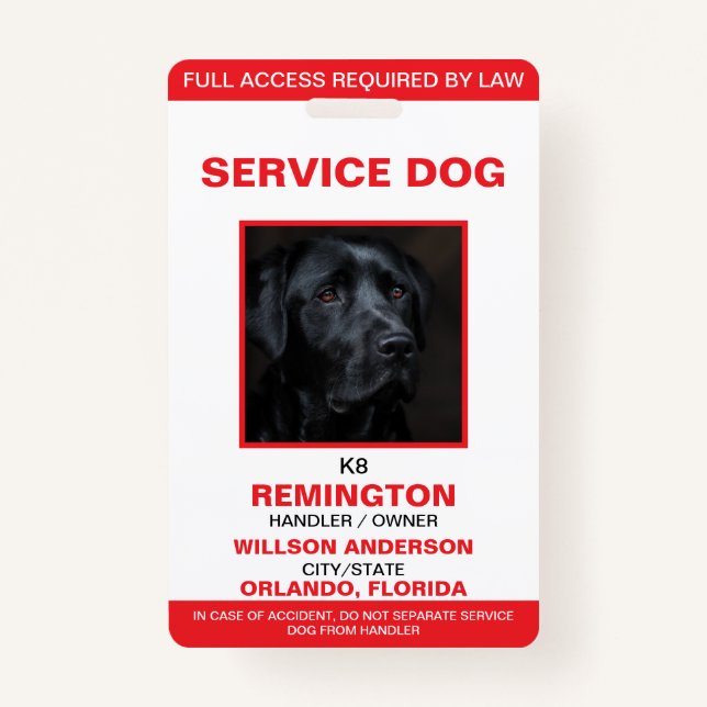 Personalized Red White Service Dog Photo ID Badge (Front)
