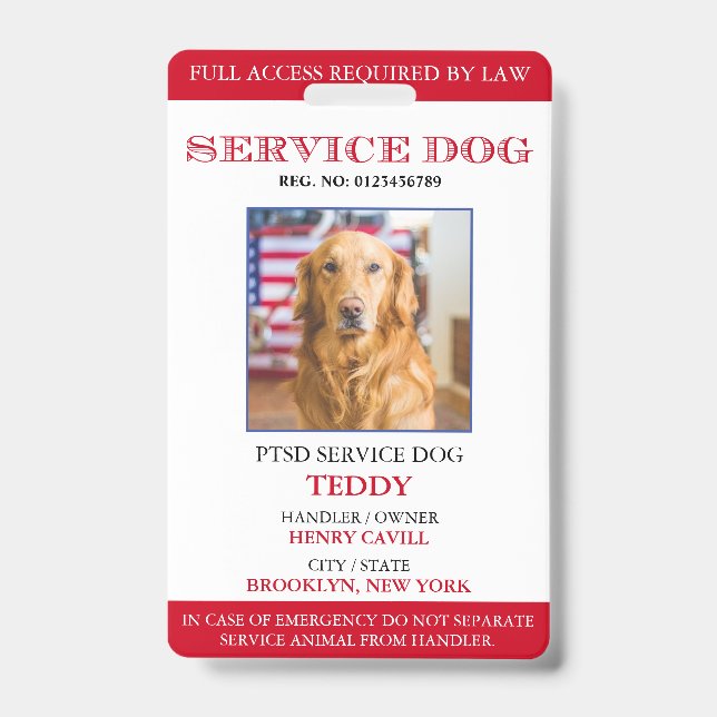Personalized Red White Service Dog Photo ID Badge (Front)