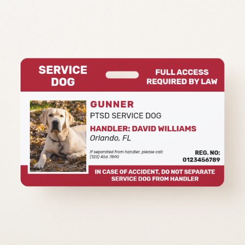Personalized Red White Service Dog Photo ID Badge