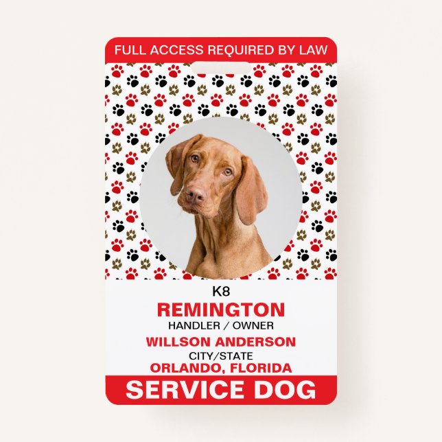Personalized Red White Service Dog Photo ID Badge (Front)