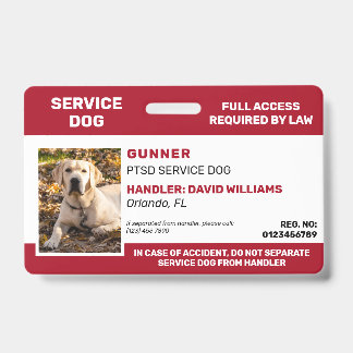 Personalized Red White Service Dog Photo ID Badge