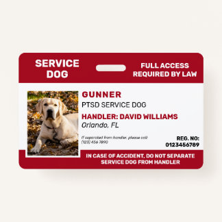 Personalized Red White Service Dog Photo ID Badge
