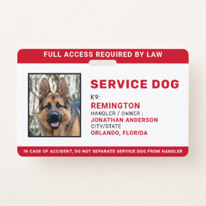 Personalized Red White Service Dog Photo ID Badge