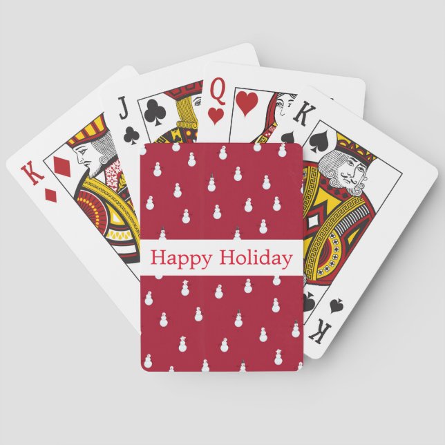 Personalized Red White Snowman Happy Holiday Poker Cards (Back)