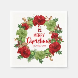Personalized RED White Wreath Merry Christmas Napkins
