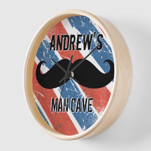 Personalized Red Whte and Blue Mustache Man Cave Wall Clock
