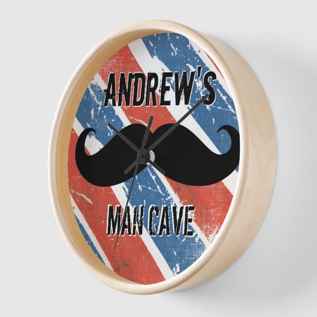 Personalized Red Whte and Blue Mustache Man Cave Wall Clock (Angle)
