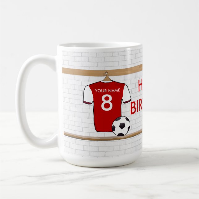 Personalized Red with White Football Soccer Jersey Coffee Mug (Left)