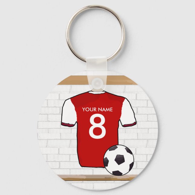 Personalized Red with White Football Soccer Jersey Keychain (Front)
