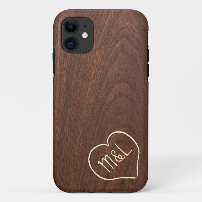 Personalized Red Wood Texture w/ heart & initials Case-Mate iPhone Case (Back)