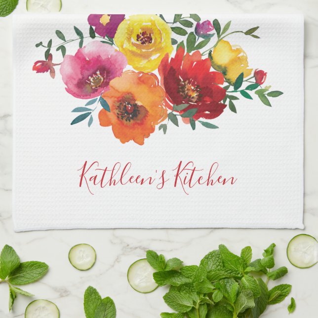 Personalized Red Yellow Pink Watercolor Floral  Kitchen Towel (Folded)