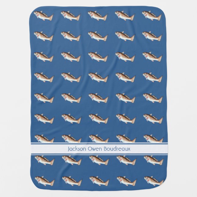 Personalized Redfish on Blue Swaddle Blanket (Front)