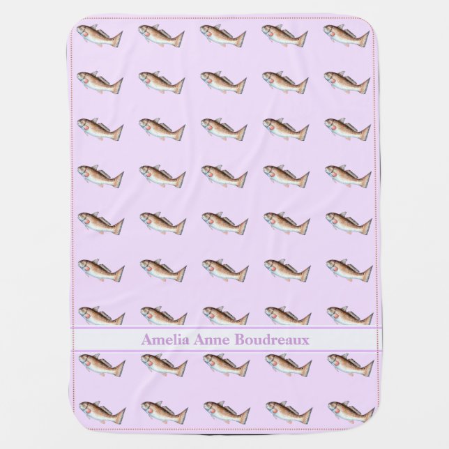 Personalized Redfish on Light Purple Baby Blanket (Front)