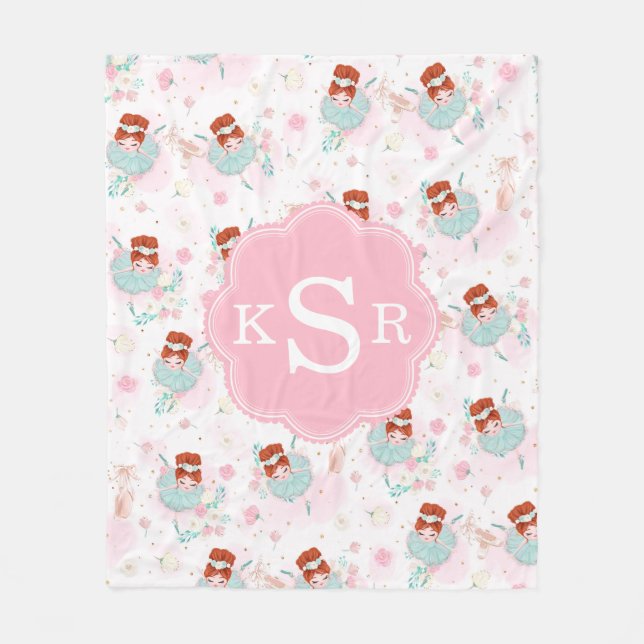 Personalized Redhead Ballerina Pink Floral Fleece Blanket (Front)
