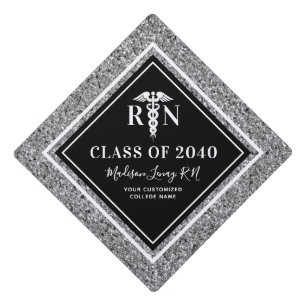 Personalized Registered Nurse Black Silver Glitter Graduation Cap Topper