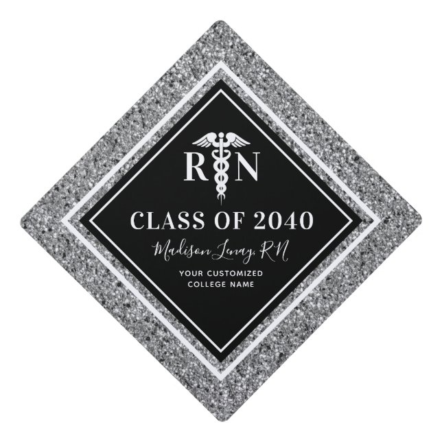Personalized Registered Nurse Black Silver Glitter Graduation Cap Topper (Front)