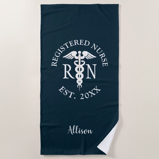 Personalized Registered Nurse Blue White Caduceus Beach Towel (Front)