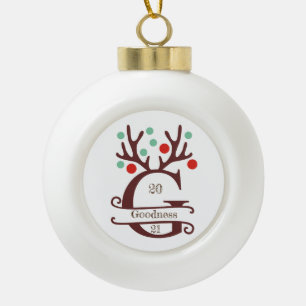 Personalized Reindeer Antlers Family Name "G" Ceramic Ball Christmas Ornament