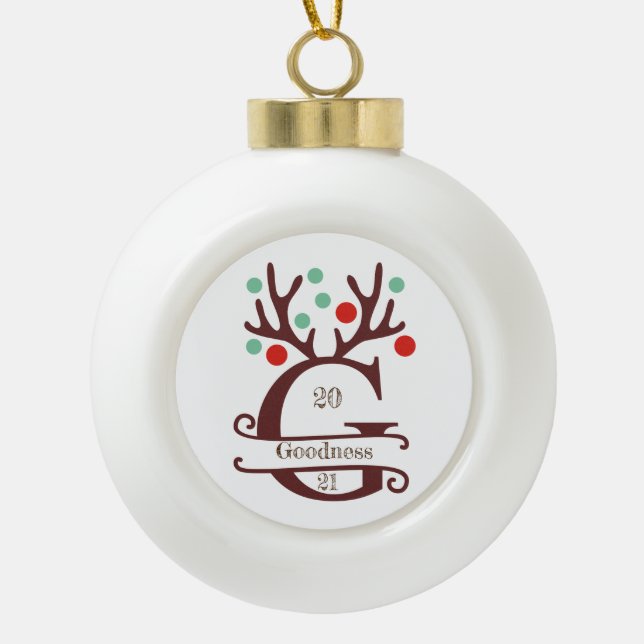 Personalized Reindeer Antlers Family Name "G" Ceramic Ball Christmas Ornament (Front)