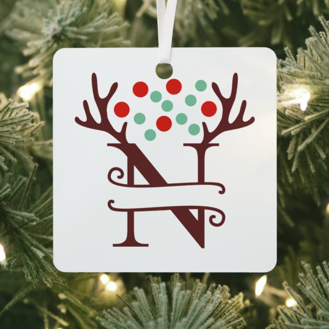 Personalized Reindeer Antlers Name "N" Metal Ornament (Insitu)