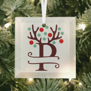 Personalized Reindeer Antlers Name "P" Glass Ornament