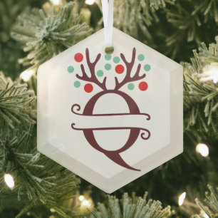 Personalized Reindeer Antlers Name "Q" Glass Ornament