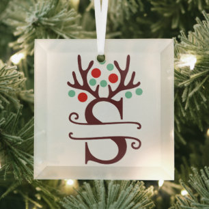 Personalized Reindeer Antlers Name "S" Glass Ornament
